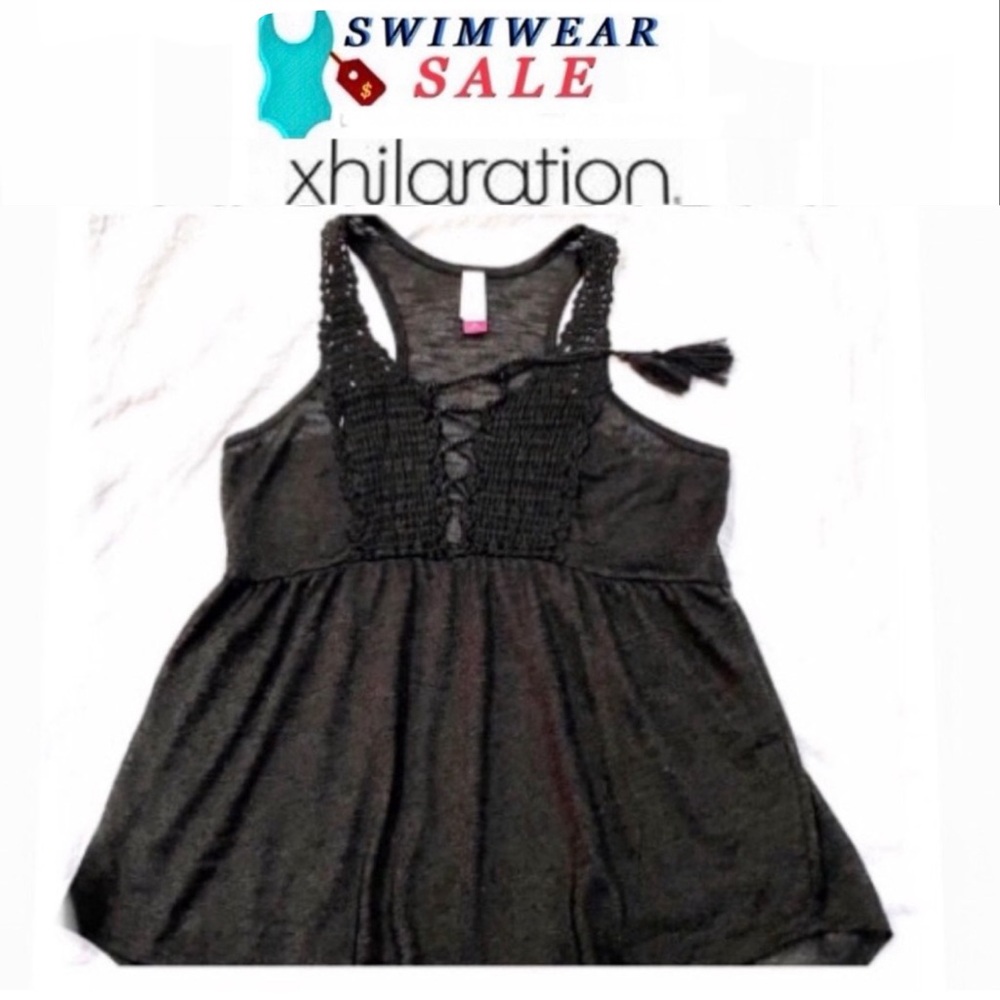 XHILARATION black crochet front tie tassle racerback cover up sizeL 11-13 NWOT